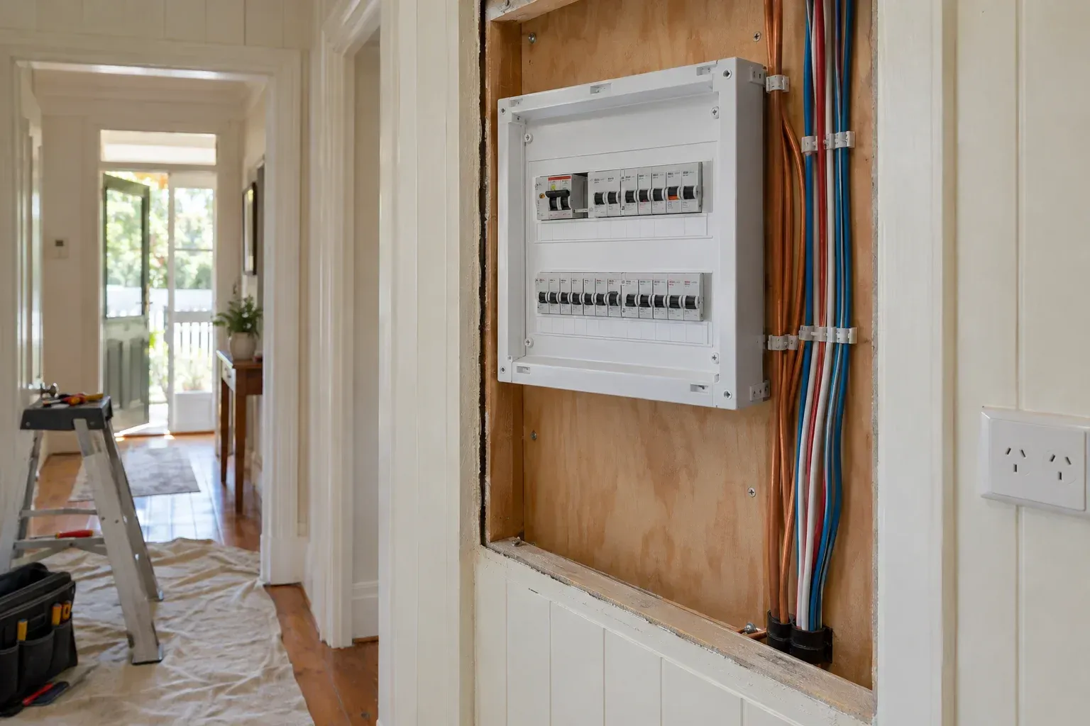A freshly opened switchboard cavity in the hallway of a Victorian weatherboard, with a new switchboard enclosu