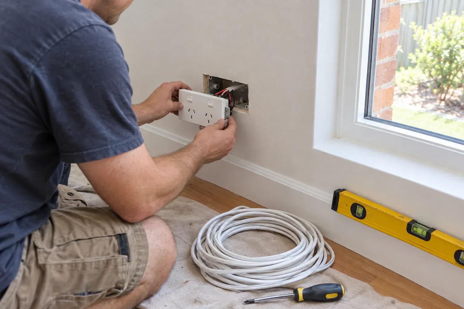 A close view of a new white power point being wired into a wall recess in a post-war brick veneer home, with c