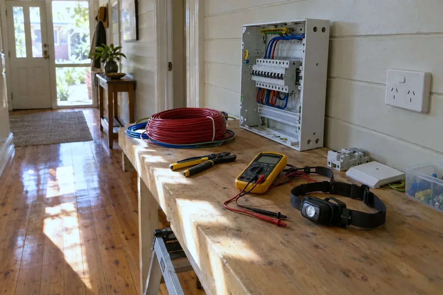 A tidy workbench in a weatherboard home's hallway with a roll of insulated cable