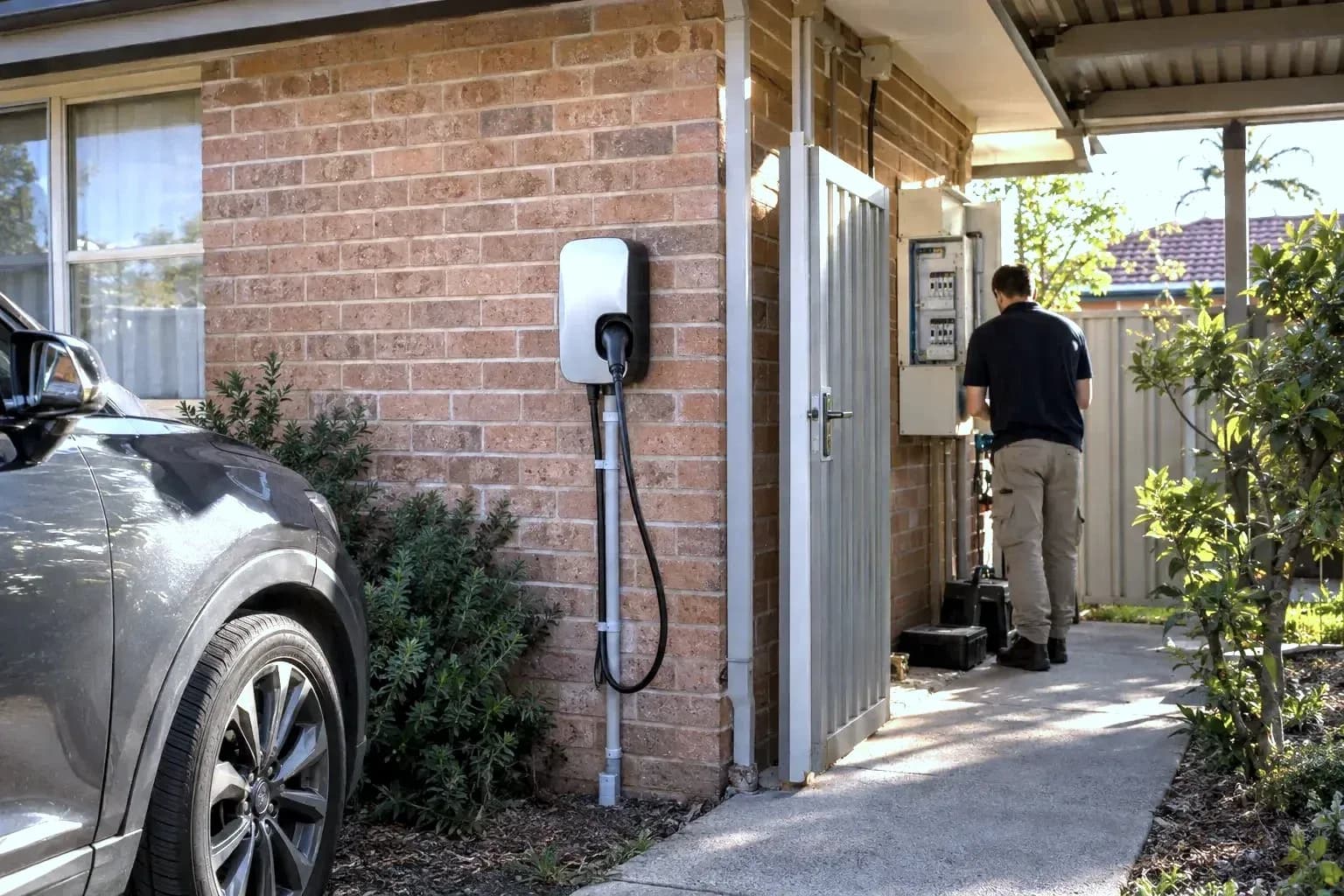 An EV charger mounted on an exterior brick wall near a carport at the rear of a Californian-style home