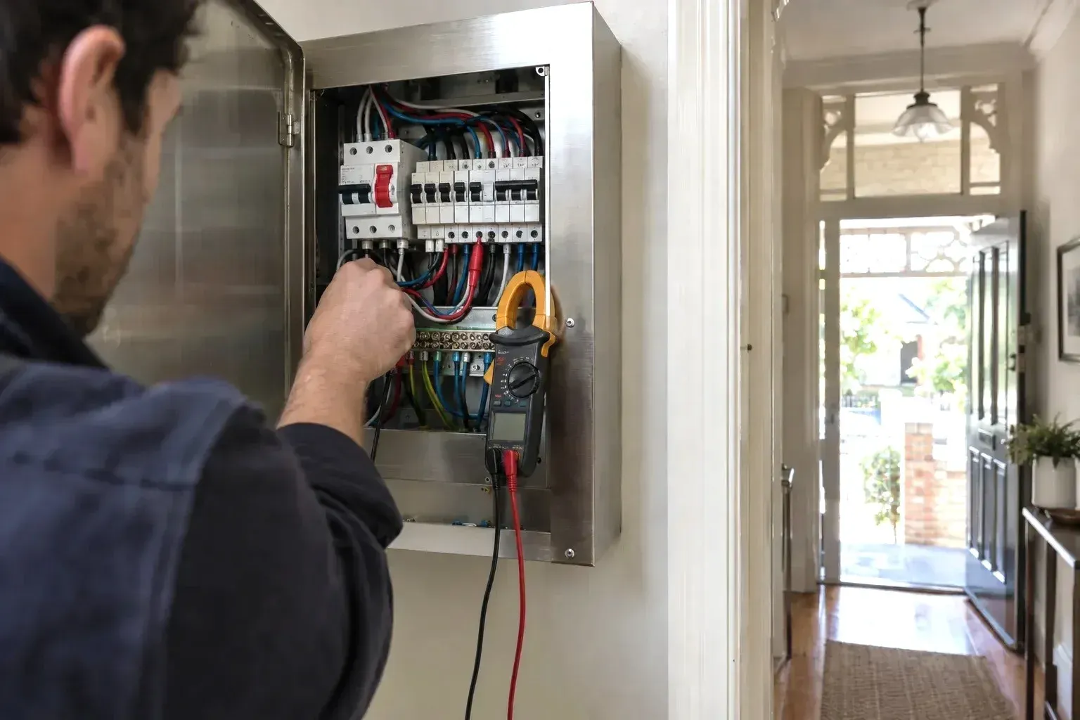 A close-up of a switchboard with a safety switch and circuit breakers being tested