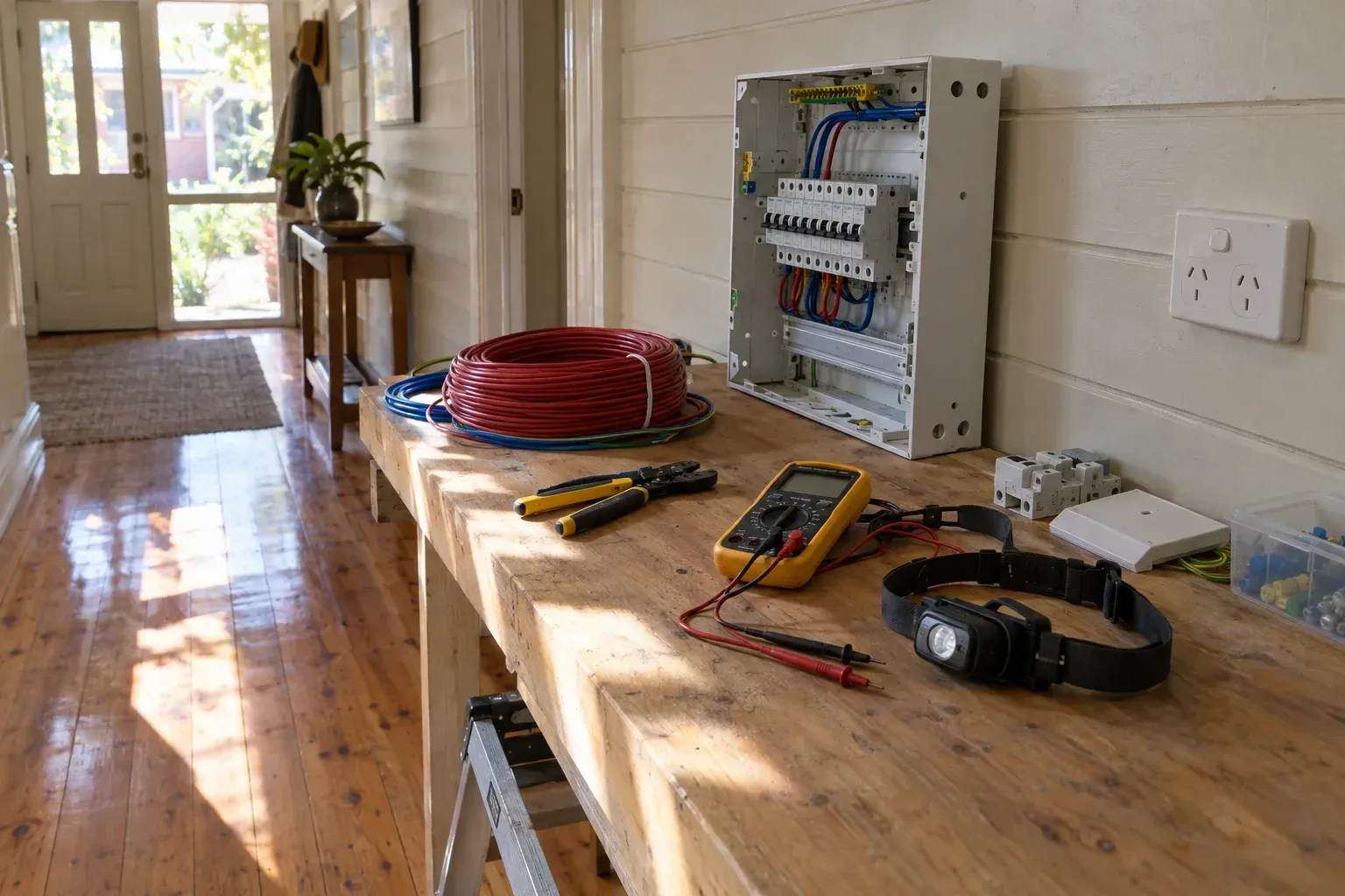 A tidy workbench in a weatherboard home's hallway with a roll of insulated cable, a head torch, wire strippers