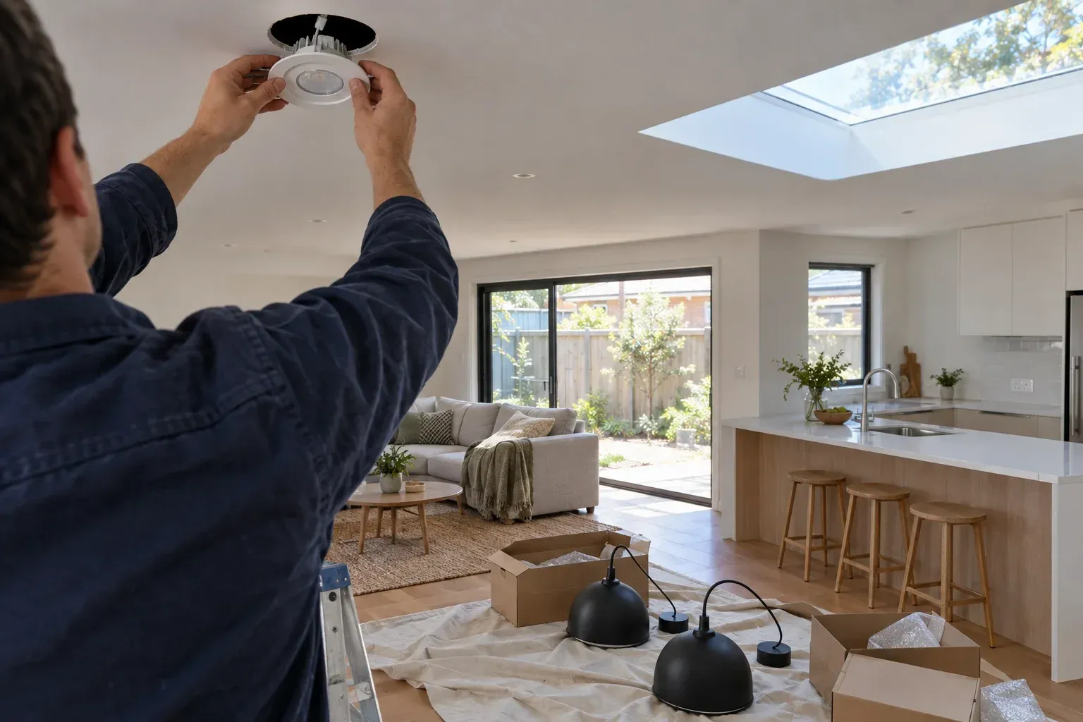 A pair of hands in navy workwear fitting an LED downlight into a plasterboard ceiling cutout in a renovated ex