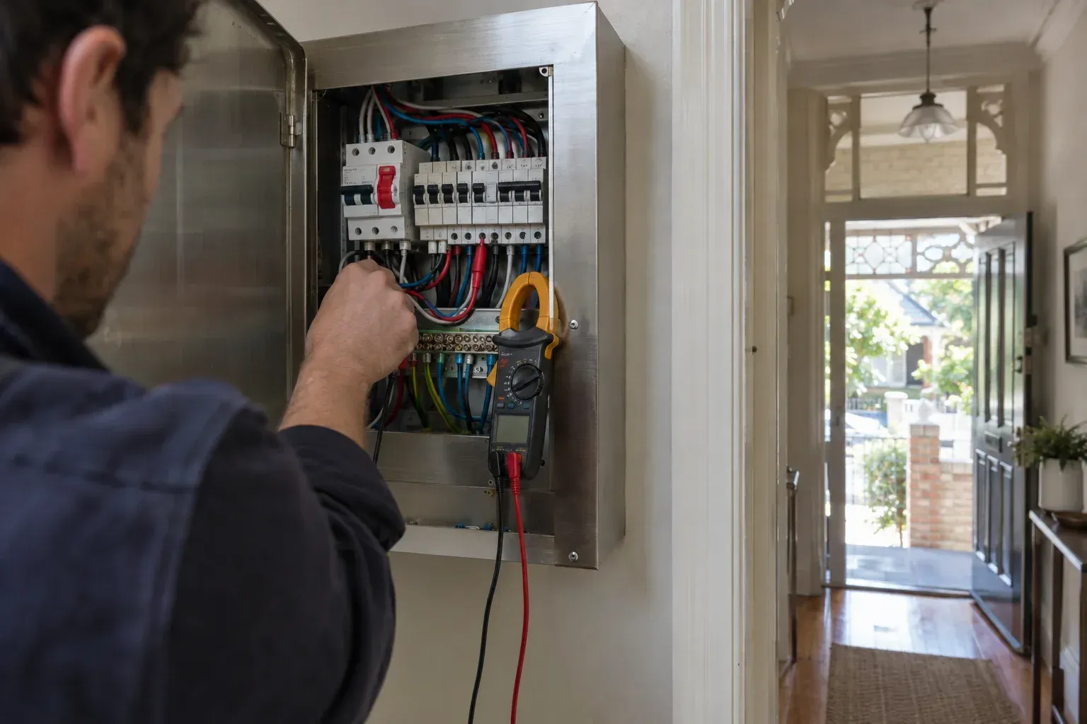 A close-up of a switchboard with a safety switch and circuit breakers being tested, a multimeter clipped to th