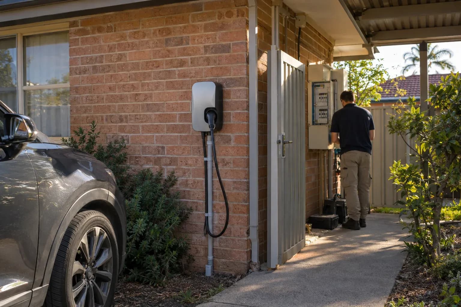 An EV charger mounted on an exterior brick wall near a carport at the rear of a Californian-style brick veneer
